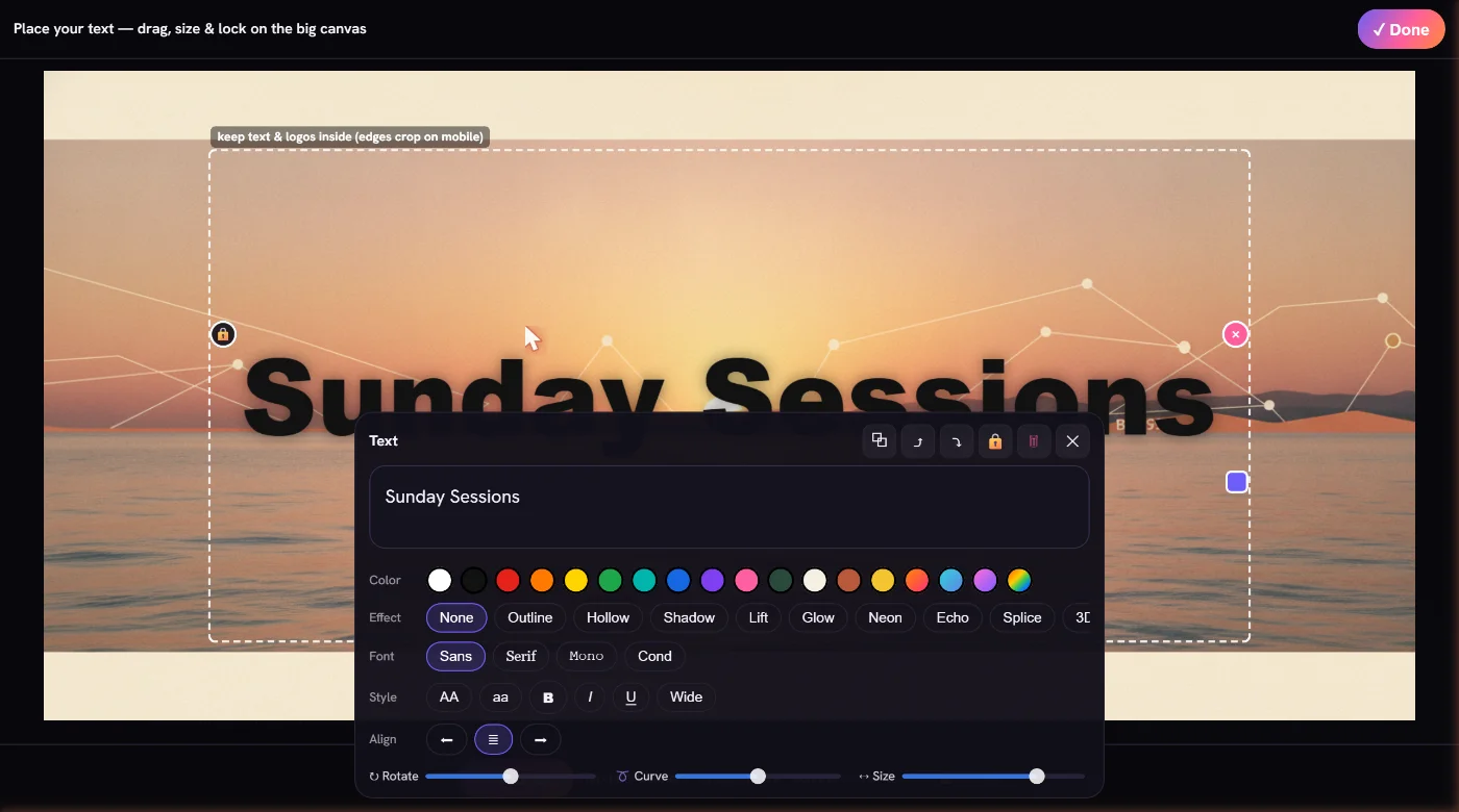 The AI All Social text editor: placing an editable headline on a generated banner, with color, effect, font, rotate and curve controls